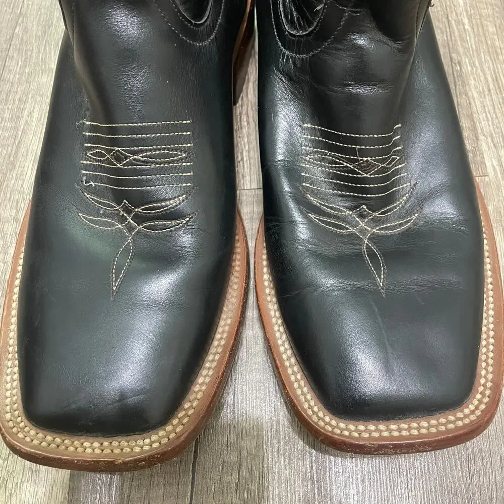 Men's Black Leather Western Cowboy Boots with Embroidered Shaft